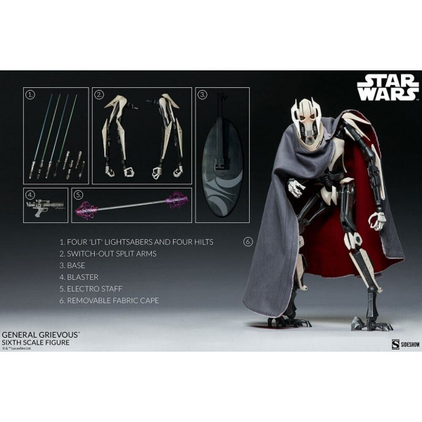Star Wars General Grievous 41 cm Action Figure 1/6 Sideshow Collectibles Nuovo