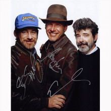 Autografo Cast 3 Harrison Ford -George Lucas - Steven Spielberg  Indiana Jones Foto 20x25