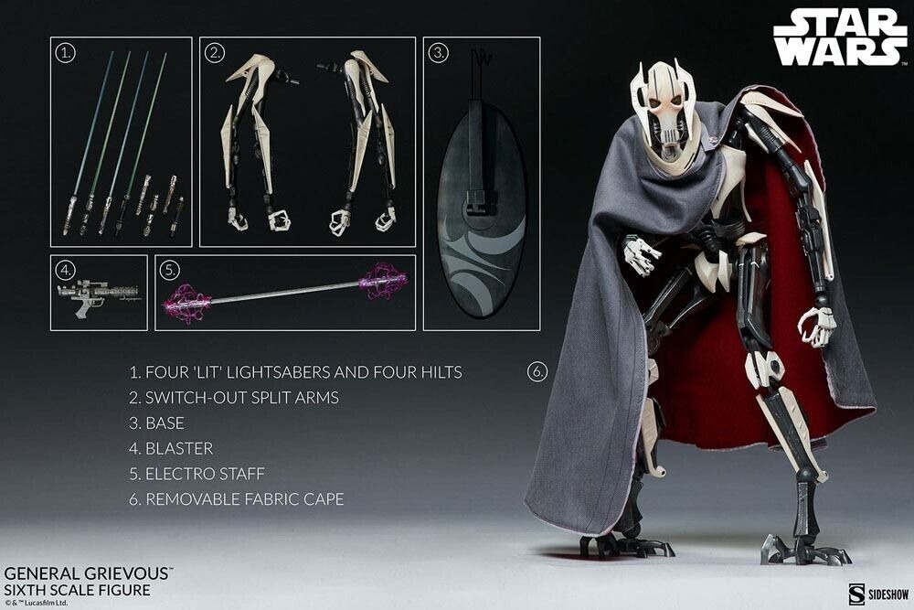 Star Wars General Grievous 41 cm Action Figure 1/6 Sideshow Collectibles Nuovo